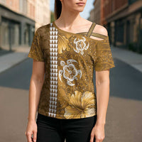 Gold Hibiscus Turle Cross Shoulder Shirt Hawaiian Style Tribal Tapa Pattern LT9 - Polynesian Pride