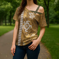Gold Hibiscus Turle Cross Shoulder Shirt Hawaiian Style Tribal Tapa Pattern LT9 - Polynesian Pride