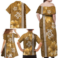 Gold Hibiscus Turle Family Matching Off Shoulder Maxi Dress and Hawaiian Shirt Hawaiian Style Tribal Tapa Pattern LT9 - Polynesian Pride