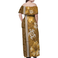 Gold Hibiscus Turle Family Matching Off Shoulder Maxi Dress and Hawaiian Shirt Hawaiian Style Tribal Tapa Pattern LT9 - Polynesian Pride