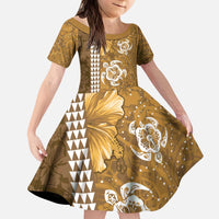 Gold Hibiscus Turle Kid Short Sleeve Dress Hawaiian Style Tribal Tapa Pattern