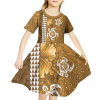 Gold Hibiscus Turle Kid Short Sleeve Dress Hawaiian Style Tribal Tapa Pattern