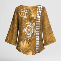 Gold Hibiscus Turle Kimono Sleeve Blouse Hawaiian Style Tribal Tapa Pattern LT9 - Polynesian Pride