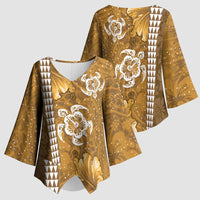 Gold Hibiscus Turle Kimono Sleeve Blouse Hawaiian Style Tribal Tapa Pattern LT9 - Polynesian Pride