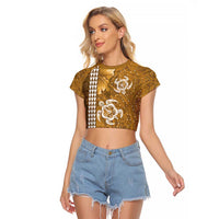 Gold Hibiscus Turle Raglan Cropped T Shirt Hawaiian Style Tribal Tapa Pattern