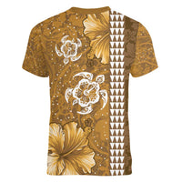 Gold Hibiscus Turle Women V-Neck T-Shirt Hawaiian Style Tribal Tapa Pattern
