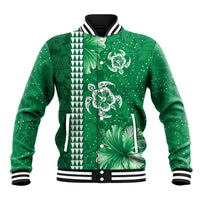 Green Hibiscus Turle Baseball Jacket Hawaiian Style Tribal Tapa Pattern