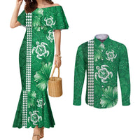 Green Hibiscus Turle Couples Matching Mermaid Dress and Long Sleeve Button Shirt Hawaiian Style Tribal Tapa Pattern