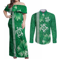 Green Hibiscus Turle Couples Matching Off Shoulder Maxi Dress and Long Sleeve Button Shirt Hawaiian Style Tribal Tapa Pattern