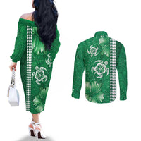 Green Hibiscus Turle Couples Matching Off The Shoulder Long Sleeve Dress and Long Sleeve Button Shirt Hawaiian Style Tribal Tapa Pattern