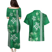 Green Hibiscus Turle Couples Matching Puletasi and Hawaiian Shirt Hawaiian Style Tribal Tapa Pattern
