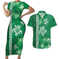 Green Hibiscus Turle Couples Matching Short Sleeve Bodycon Dress and Hawaiian Shirt Hawaiian Style Tribal Tapa Pattern