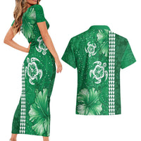 Green Hibiscus Turle Couples Matching Short Sleeve Bodycon Dress and Hawaiian Shirt Hawaiian Style Tribal Tapa Pattern