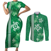 Green Hibiscus Turle Couples Matching Short Sleeve Bodycon Dress and Long Sleeve Button Shirt Hawaiian Style Tribal Tapa Pattern