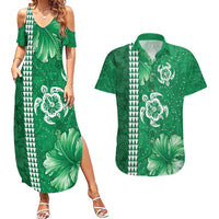 Green Hibiscus Turle Couples Matching Summer Maxi Dress and Hawaiian Shirt Hawaiian Style Tribal Tapa Pattern