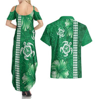 Green Hibiscus Turle Couples Matching Summer Maxi Dress and Hawaiian Shirt Hawaiian Style Tribal Tapa Pattern