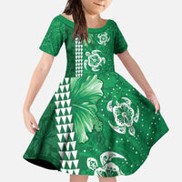 Green Hibiscus Turle Family Matching Off The Shoulder Long Sleeve Dress and Hawaiian Shirt Hawaiian Style Tribal Tapa Pattern LT9 Daughter's Dress Green - Polynesian Pride