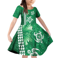 Green Hibiscus Turle Family Matching Off Shoulder Short Dress and Hawaiian Shirt Hawaiian Style Tribal Tapa Pattern LT9 Daughter's Dress Green - Polynesian Pride
