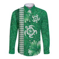 Green Hibiscus Turle Long Sleeve Button Shirt Hawaiian Style Tribal Tapa Pattern