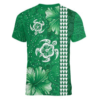 Green Hibiscus Turle Women V-Neck T-Shirt Hawaiian Style Tribal Tapa Pattern