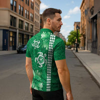 Green Hibiscus Turle Zipper Polo Shirt Hawaiian Style Tribal Tapa Pattern LT9 - Polynesian Pride