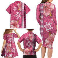 Pink Hibiscus Turle Family Matching Long Sleeve Bodycon Dress and Hawaiian Shirt Hawaiian Style Tribal Tapa Pattern LT9 - Polynesian Pride