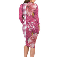 Pink Hibiscus Turle Family Matching Long Sleeve Bodycon Dress and Hawaiian Shirt Hawaiian Style Tribal Tapa Pattern LT9 - Polynesian Pride