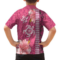 Pink Hibiscus Turle Family Matching Off The Shoulder Long Sleeve Dress and Hawaiian Shirt Hawaiian Style Tribal Tapa Pattern LT9 - Polynesian Pride