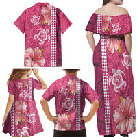 Pink Hibiscus Turle Family Matching Off Shoulder Maxi Dress and Hawaiian Shirt Hawaiian Style Tribal Tapa Pattern LT9 - Polynesian Pride