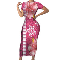 Pink Hibiscus Turle Family Matching Short Sleeve Bodycon Dress and Hawaiian Shirt Hawaiian Style Tribal Tapa Pattern LT9 Mom's Dress Pink - Polynesian Pride