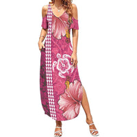 Pink Hibiscus Turle Family Matching Summer Maxi Dress and Hawaiian Shirt Hawaiian Style Tribal Tapa Pattern LT9 Mom's Dress Pink - Polynesian Pride
