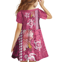 Pink Hibiscus Turle Kid Short Sleeve Dress Hawaiian Style Tribal Tapa Pattern