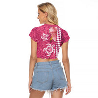 Pink Hibiscus Turle Raglan Cropped T Shirt Hawaiian Style Tribal Tapa Pattern