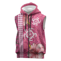 Pink Hibiscus Turle Sleeveless Zip Hoodie Hawaiian Style Tribal Tapa Pattern - Polynesian Pride