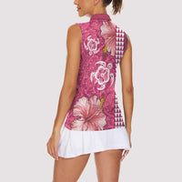 Pink Hibiscus Turle Women Sleeveless Polo Shirt Hawaiian Style Tribal Tapa Pattern