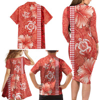 Red Hibiscus Turle Family Matching Long Sleeve Bodycon Dress and Hawaiian Shirt Hawaiian Style Tribal Tapa Pattern LT9 - Polynesian Pride