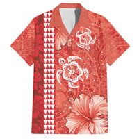 Red Hibiscus Turle Family Matching Long Sleeve Bodycon Dress and Hawaiian Shirt Hawaiian Style Tribal Tapa Pattern LT9 Dad's Shirt - Short Sleeve Red - Polynesian Pride