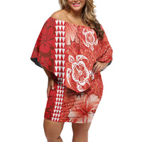 Red Hibiscus Turle Family Matching Off Shoulder Short Dress and Hawaiian Shirt Hawaiian Style Tribal Tapa Pattern LT9 Mom's Dress Red - Polynesian Pride