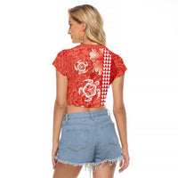 Red Hibiscus Turle Raglan Cropped T Shirt Hawaiian Style Tribal Tapa Pattern