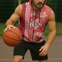 Red Hibiscus Turle Sleeveless Zip Hoodie Hawaiian Style Tribal Tapa Pattern - Polynesian Pride