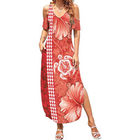 Red Hibiscus Turle Summer Maxi Dress Hawaiian Style Tribal Tapa Pattern