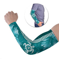 Teal Hibiscus Turle Arm Sleeves Hawaiian Style Tribal Tapa Pattern LT9 Set of 2 Teal - Polynesian Pride