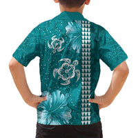 Teal Hibiscus Turle Family Matching Long Sleeve Bodycon Dress and Hawaiian Shirt Hawaiian Style Tribal Tapa Pattern LT9 - Polynesian Pride
