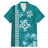 Teal Hibiscus Turle Family Matching Mermaid Dress and Hawaiian Shirt Hawaiian Style Tribal Tapa Pattern LT9 Dad's Shirt - Short Sleeve Teal - Polynesian Pride