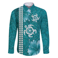 Teal Hibiscus Turle Family Matching Mermaid Dress and Hawaiian Shirt Hawaiian Style Tribal Tapa Pattern LT9 Dad's Shirt - Long Sleeve Teal - Polynesian Pride
