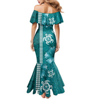 Teal Hibiscus Turle Family Matching Mermaid Dress and Hawaiian Shirt Hawaiian Style Tribal Tapa Pattern LT9 - Polynesian Pride
