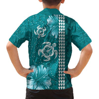 Teal Hibiscus Turle Family Matching Off The Shoulder Long Sleeve Dress and Hawaiian Shirt Hawaiian Style Tribal Tapa Pattern LT9 - Polynesian Pride
