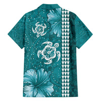 Teal Hibiscus Turle Family Matching Off The Shoulder Long Sleeve Dress and Hawaiian Shirt Hawaiian Style Tribal Tapa Pattern LT9 - Polynesian Pride