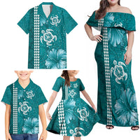 Teal Hibiscus Turle Family Matching Off Shoulder Maxi Dress and Hawaiian Shirt Hawaiian Style Tribal Tapa Pattern LT9 - Polynesian Pride