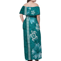Teal Hibiscus Turle Family Matching Off Shoulder Maxi Dress and Hawaiian Shirt Hawaiian Style Tribal Tapa Pattern LT9 - Polynesian Pride